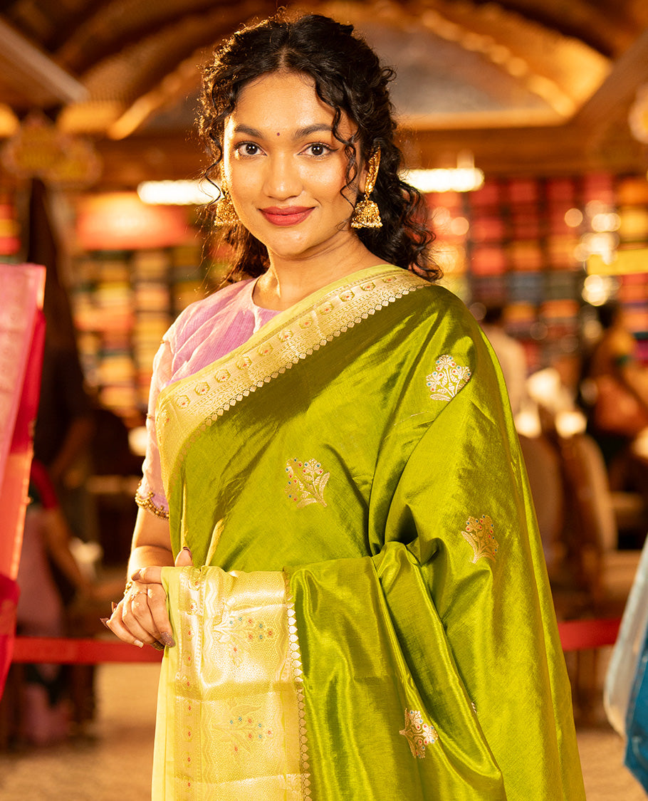 Parrot Green Green-Mango-Silk Saree, Decked up with Floral Zari Buttas All Over Its Body, Complemented by a Contrast Meenakari Zari Floral Design Border, Grand Pallu, and Paired with a Contrast Blouse