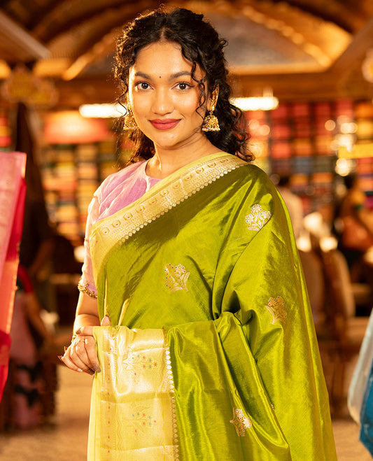 Parrot Green Green-Mango-Silk Saree, Decked up with Floral Zari Buttas All Over Its Body, Complemented by a Contrast Meenakari Zari Floral Design Border, Grand Pallu, and Paired with a Contrast Blouse