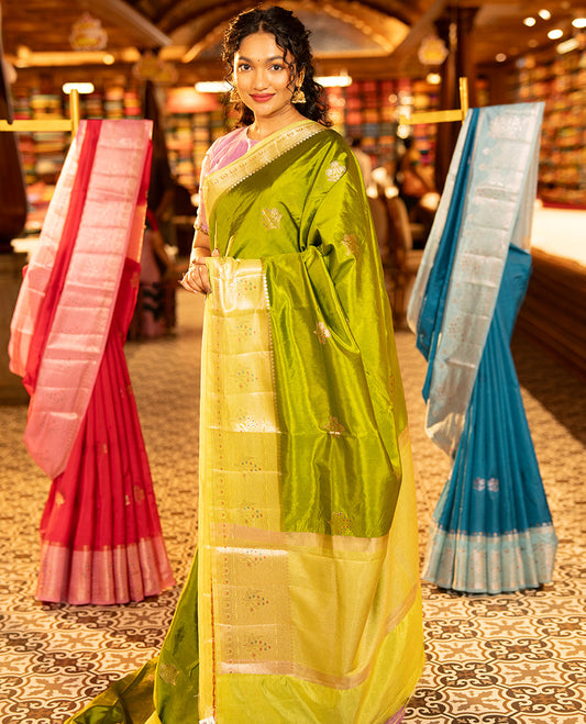 Parrot Green Green-Mango-Silk Saree, Decked up with Floral Zari Buttas All Over Its Body, Complemented by a Contrast Meenakari Zari Floral Design Border, Grand Pallu, and Paired with a Contrast Blouse