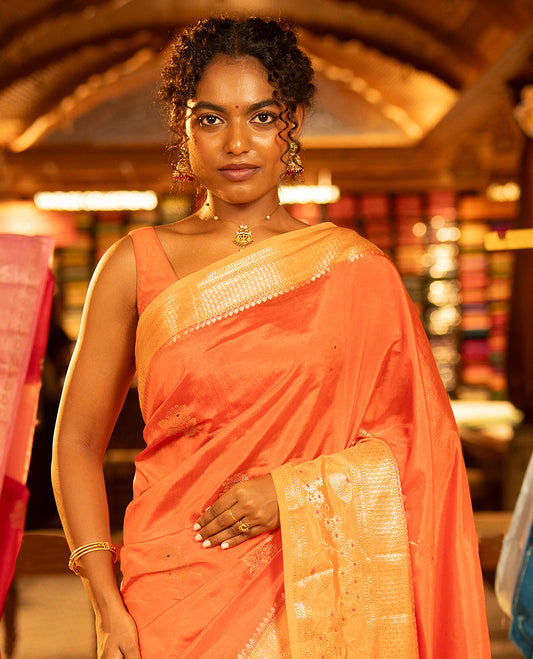 Orange Green-Mango-Silk Saree, Enriched with Floral Zari Buttas All Over Its Body, Complemented by a Contrast Meenakari Zari Traditional Border of Floral Designs, Grand Pallu, and Paired with a Contrast Blouse
