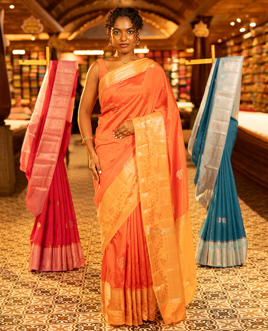 Orange Green-Mango-Silk Saree, Enriched with Floral Zari Buttas All Over Its Body, Complemented by a Contrast Meenakari Zari Traditional Border of Floral Designs, Grand Pallu, and Paired with a Contrast Blouse