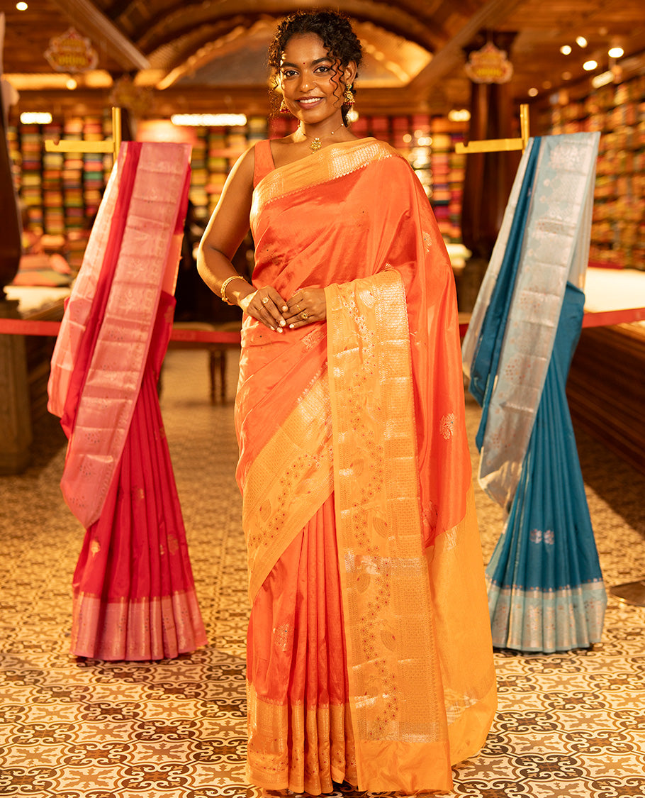 Orange Green-Mango-Silk Saree, Enriched with Floral Zari Buttas All Over Its Body, Complemented by a Contrast Meenakari Zari Traditional Border of Floral Designs, Grand Pallu, and Paired with a Contrast Blouse