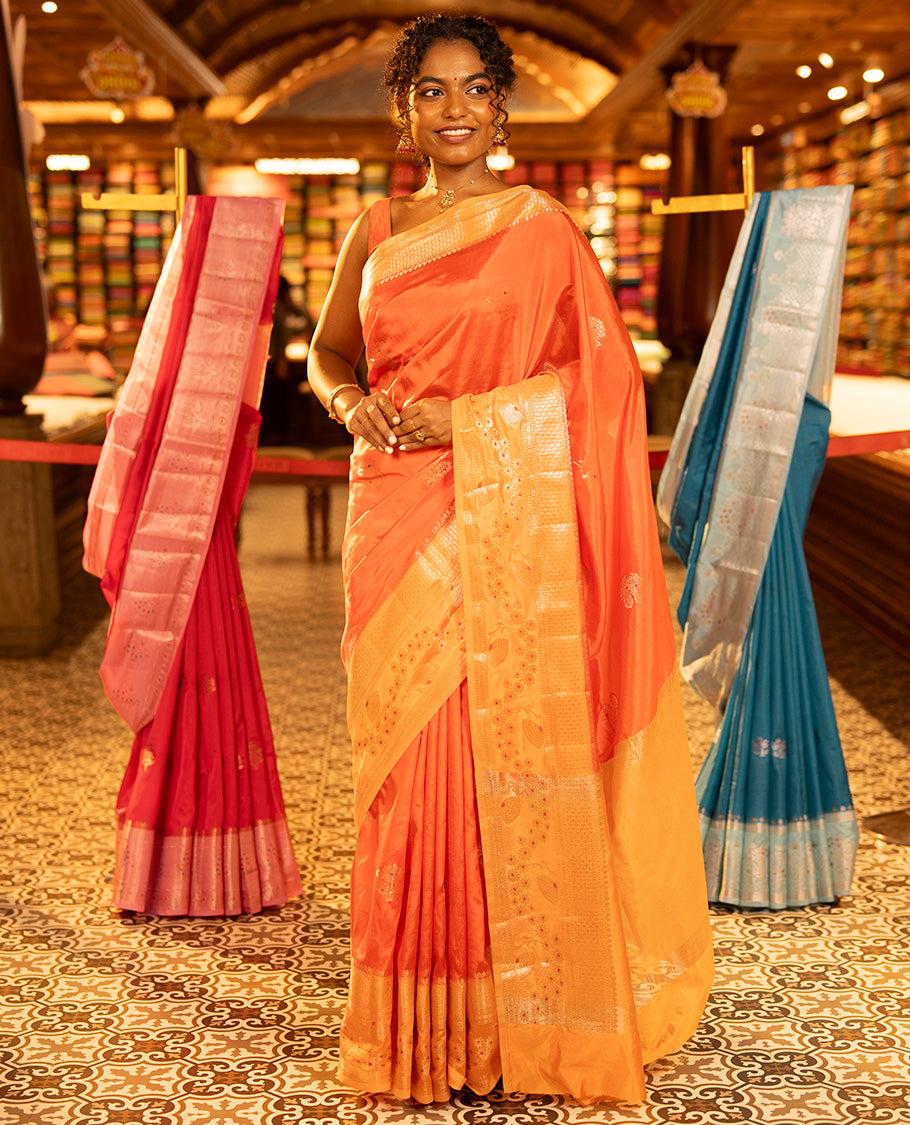 Orange Green-Mango-Silk Saree, Enriched with Floral Zari Buttas All Over Its Body, Complemented by a Contrast Meenakari Zari Traditional Border of Floral Designs, Grand Pallu, and Paired with a Contrast Blouse