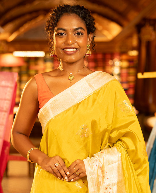 Mustard Green-Mango-Silk Saree, Embellished with Floral Zari Buttas All Over Its Body, Complemented by a Contrast Meenakari Zari Traditional Border of Floral Designs, Grand Pallu, and Paired with a Contrast Blouse