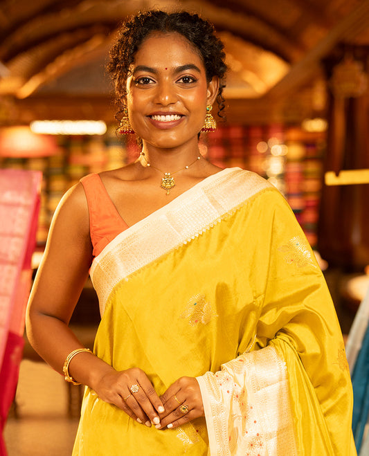 Mustard Green-Mango-Silk Saree, Embellished with Floral Zari Buttas All Over Its Body, Complemented by a Contrast Meenakari Zari Traditional Border of Floral Designs, Grand Pallu, and Paired with a Contrast Blouse