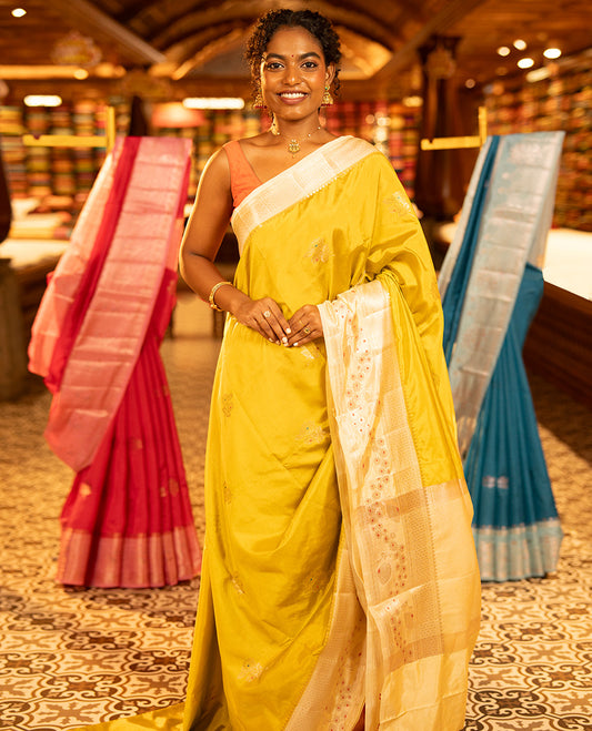 Mustard Green-Mango-Silk Saree, Embellished with Floral Zari Buttas All Over Its Body, Complemented by a Contrast Meenakari Zari Traditional Border of Floral Designs, Grand Pallu, and Paired with a Contrast Blouse