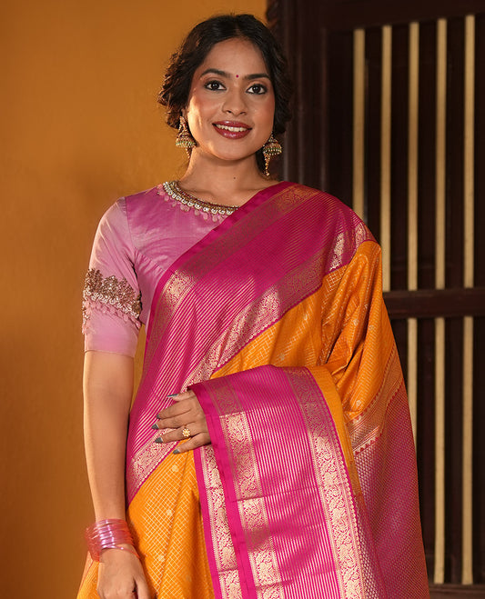 Yellow and Pink Budget Silk Saree, Embellished with Zari Buttas and Checks on Its Body, Complemented by a Contrast Traditional Zari Design Border, Pallu of Jaal Designs, and Paired with a Contrast Blouse