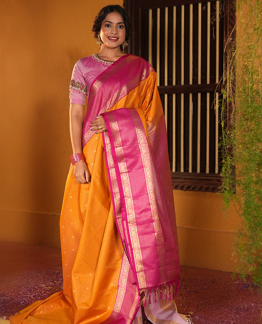 Yellow and Pink Budget Silk Saree, Embellished with Zari Buttas and Checks on Its Body, Complemented by a Contrast Traditional Zari Design Border, Pallu of Jaal Designs, and Paired with a Contrast Blouse