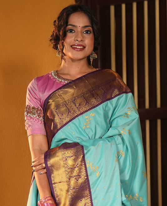 Light Blue and Purple Budget Silk Saree, Graced with Zari Buttas on Its Body, Complemented by a Contrast Traditional Zari Design Border of Paisleys, Pallu of Paisley Designs, and Paired with a Contrast Blouse