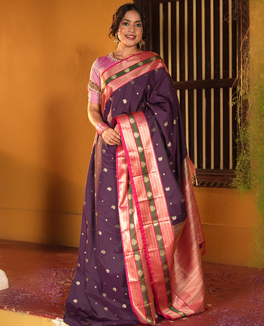 Wine Maroon and Dark Pink Budget Silk Saree, Accentuated with Manga and Diamond Buttas on Its Body, Complemented by Contrast Traditional Zari Design Border, Pallu Steeped with Traditional Designs, and Paired with a Contrast Blouse