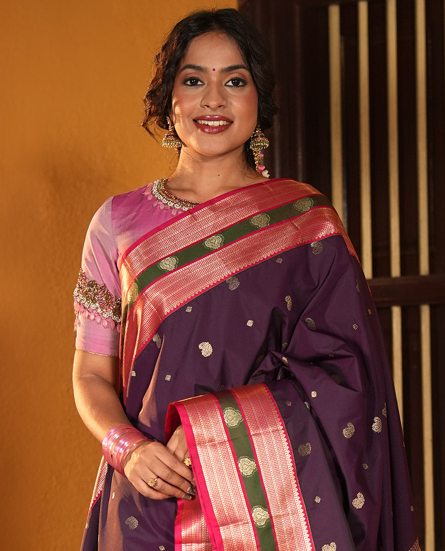 Wine Maroon and Dark Pink Budget Silk Saree, Accentuated with Manga and Diamond Buttas on Its Body, Complemented by Contrast Traditional Zari Design Border, Pallu Steeped with Traditional Designs, and Paired with a Contrast Blouse