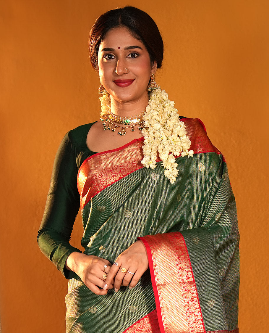 Green and Red Budget Silk Saree, Delicately Woven with Zari Buttas and Checks on Its Body, Complemented by a Contrast Traditional Zari Border of Peacock Designs, Grand Pallu, and Paired with a Contrast Blouse