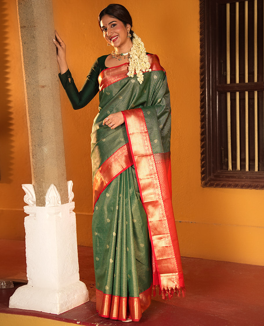 Green and Red Budget Silk Saree, Delicately Woven with Zari Buttas and Checks on Its Body, Complemented by a Contrast Traditional Zari Border of Peacock Designs, Grand Pallu, and Paired with a Contrast Blouse