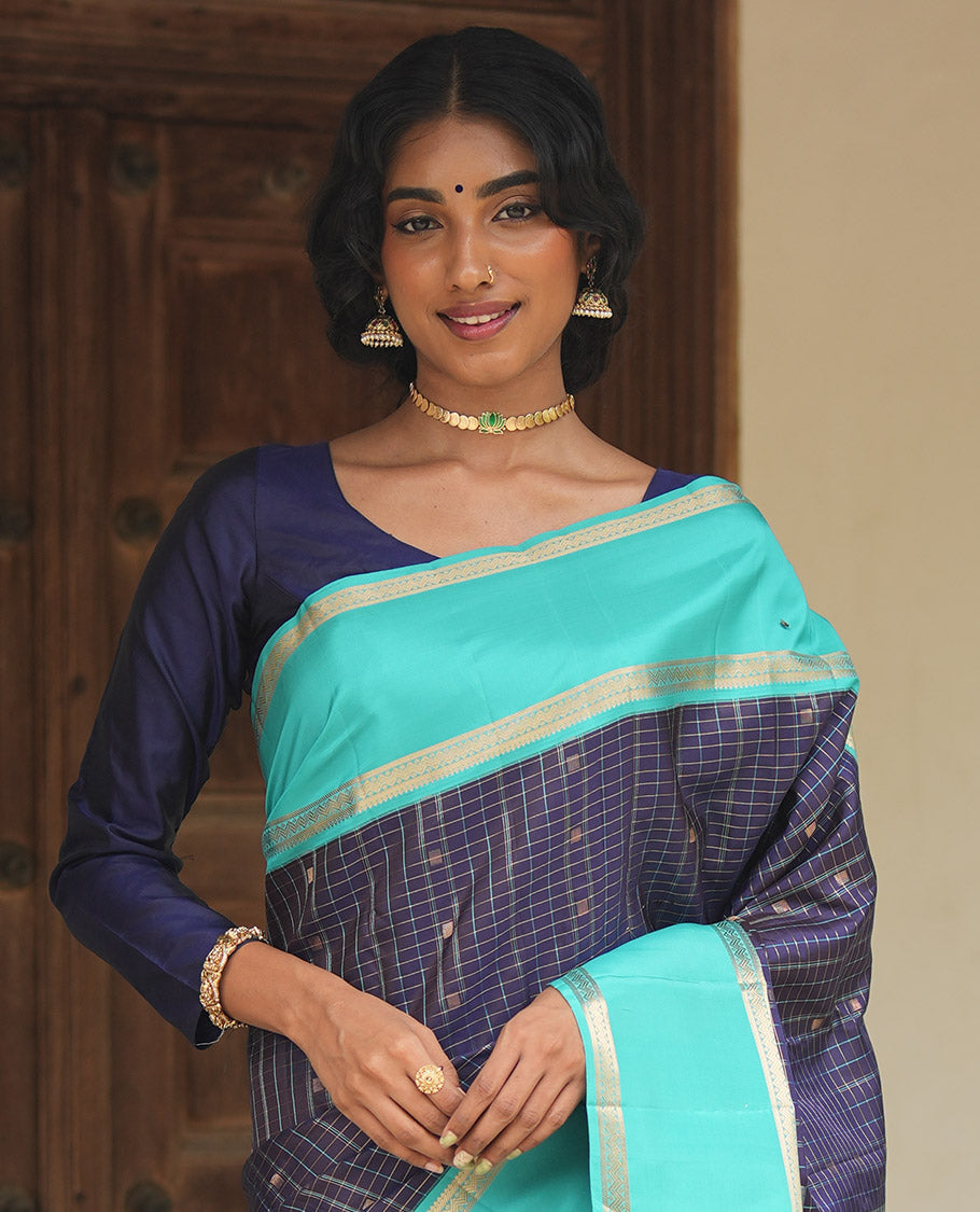 Navy Blue-Sapphire Blue Vasundhara Silk Saree Features Zari Butta and Checks, Contrast Rettai Pettu Border, Jaal Pallu, and a Contrast Blouse