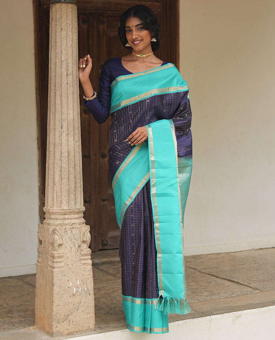 Navy Blue-Sapphire Blue Vasundhara Silk Saree Features Zari Butta and Checks, Contrast Rettai Pettu Border, Jaal Pallu, and a Contrast Blouse
