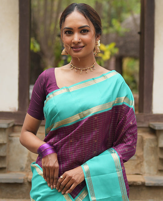 Magenta-Sapphire Blue Vasundhara Silk Saree Features Zari Butta and Checks, Contrast Rettai Pettu Border, Jaal Pallu, and a Contrast Blouse