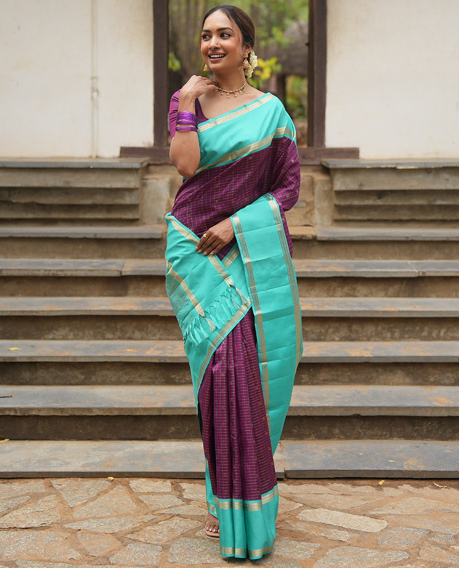 Magenta-Sapphire Blue Vasundhara Silk Saree Features Zari Butta and Checks, Contrast Rettai Pettu Border, Jaal Pallu, and a Contrast Blouse