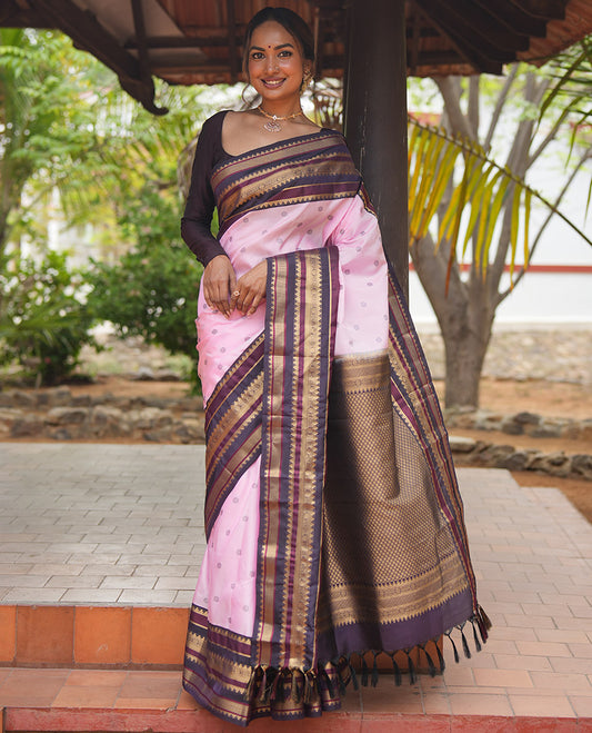 Baby Pink and Coffee Brown Vasundhara Lite Silk Mix Saree, Subtly Adorned with Buttas All Over Its Body, Complemented by Contrast Border of Thazampoo Rekku, Banaras, Jada Nagam, and Ara Maadam Designs, Grand Pallu, and Paired with a Contrast Blouse