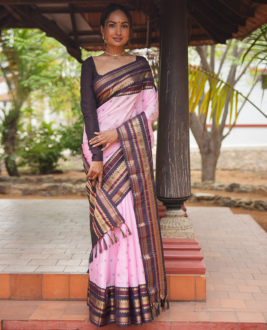 Baby Pink and Coffee Brown Vasundhara Lite Silk Mix Saree, Subtly Adorned with Buttas All Over Its Body, Complemented by Contrast Border of Thazampoo Rekku, Banaras, Jada Nagam, and Ara Maadam Designs, Grand Pallu, and Paired with a Contrast Blouse