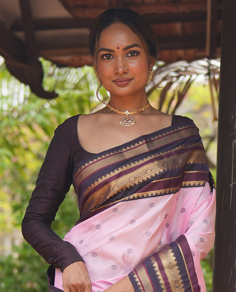 Baby Pink and Coffee Brown Vasundhara Lite Silk Mix Saree, Subtly Adorned with Buttas All Over Its Body, Complemented by Contrast Border of Thazampoo Rekku, Banaras, Jada Nagam, and Ara Maadam Designs, Grand Pallu, and Paired with a Contrast Blouse