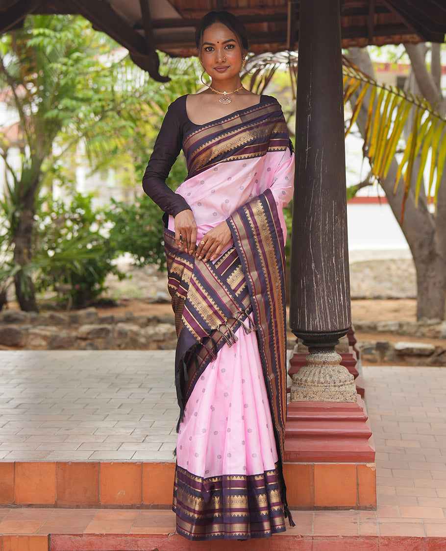 Baby Pink and Coffee Brown Vasundhara Lite Silk Mix Saree, Subtly Adorned with Buttas All Over Its Body, Complemented by Contrast Border of Thazampoo Rekku, Banaras, Jada Nagam, and Ara Maadam Designs, Grand Pallu, and Paired with a Contrast Blouse