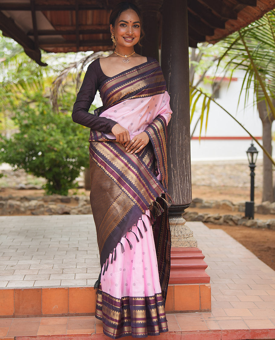 Baby Pink and Coffee Brown Vasundhara Lite Silk Mix Saree, Subtly Adorned with Buttas All Over Its Body, Complemented by Contrast Border of Thazampoo Rekku, Banaras, Jada Nagam, and Ara Maadam Designs, Grand Pallu, and Paired with a Contrast Blouse