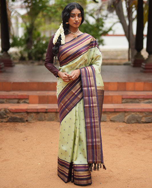 Pista Green and Coffee Brown Vasundenhara Lite Silk Mix Saree, Subtly Adorned with Buttas All Over Its Body, Complemted by Contrast Border of Thazampoo Rekku, Banaras, Jada Nagam, and Ara Maadam Designs, Grand Pallu, and Paired with a Contrast Blouse