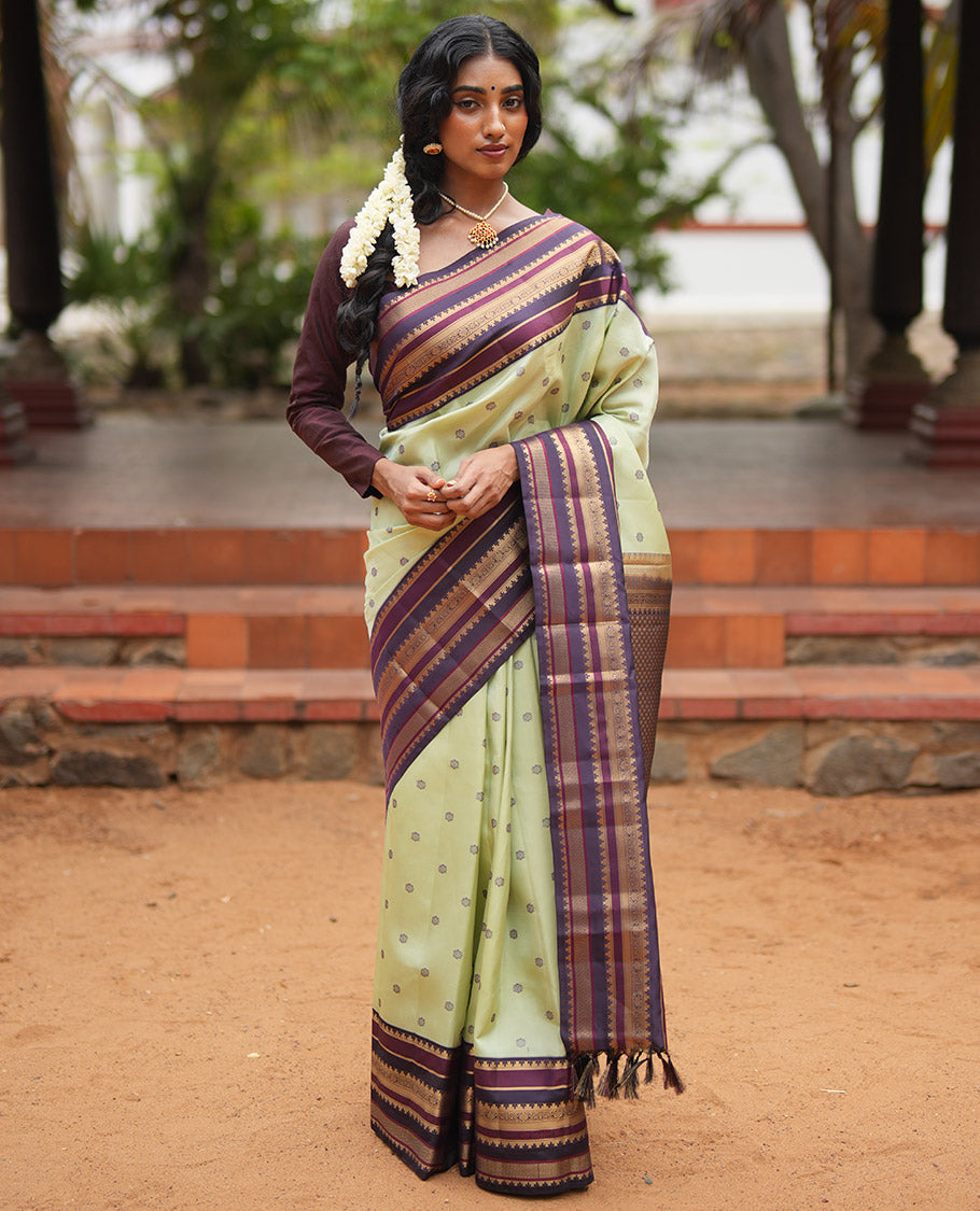 Pista Green and Coffee Brown Vasundenhara Lite Silk Mix Saree, Subtly Adorned with Buttas All Over Its Body, Complemted by Contrast Border of Thazampoo Rekku, Banaras, Jada Nagam, and Ara Maadam Designs, Grand Pallu, and Paired with a Contrast Blouse