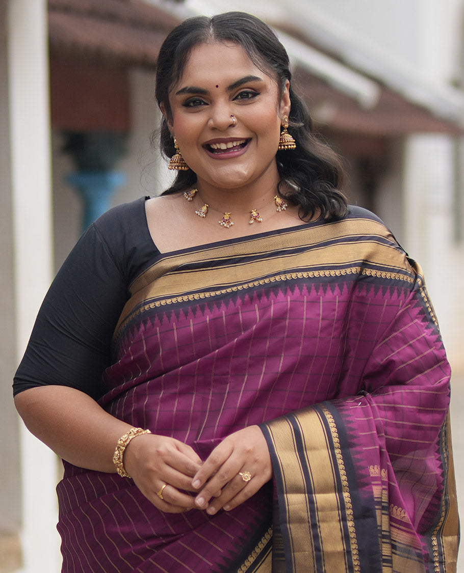 Magenta and Dark Purple Vasundhara Lite Silk Mix Saree, Graced with Checked Design All Over Its Body, Complemented by a Contrast Thazampoo Rekku Border of Manga Mokku, Muthu, and Mayil Kann Designs, Grand Pallu, and Paired with a Contrast Blouse