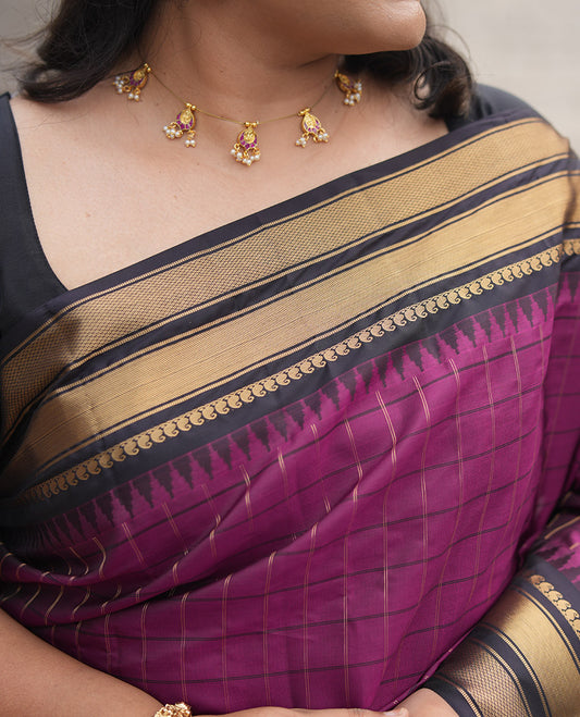 Magenta and Dark Purple Vasundhara Lite Silk Mix Saree, Graced with Checked Design All Over Its Body, Complemented by a Contrast Thazampoo Rekku Border of Manga Mokku, Muthu, and Mayil Kann Designs, Grand Pallu, and Paired with a Contrast Blouse