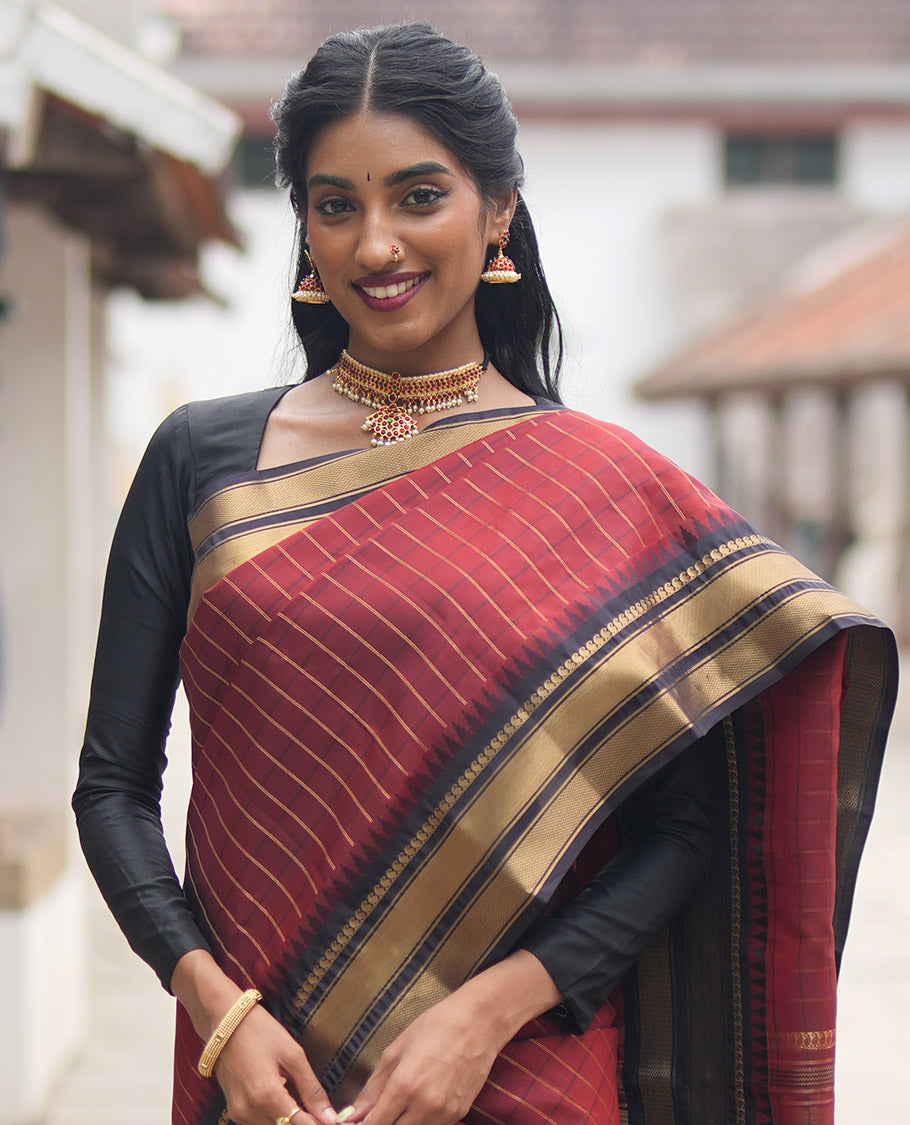 Rust Maroon and Dark Purple Vasundhara Lite Silk Mix Saree, Accentuated with Checked Design All Over Its Body, Complemented by a Contrast Thazampoo Rekku Border of Manga Mokku, Muthu, and Mayil Kann Designs, Grand Pallu, and Paired with a Contrast Blouse