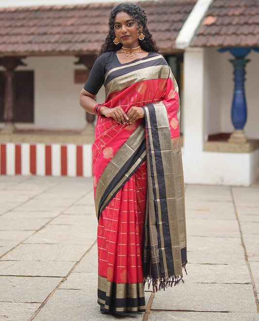 Reddish Orange Budget Silk Saree, Entralled with Jhumka Butta Enclosed Checks On Its Body, Complemented by Contrast Traditional Zari Rettai Pettu Border, Grand Pallu and Paired with a Contrast Blouse