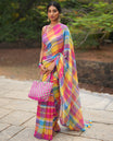 Borderless Pink Khadi Mul Cotton Saree, Featuring Checked Block and Zari Checks, a Self-Pallu, and No Blouse