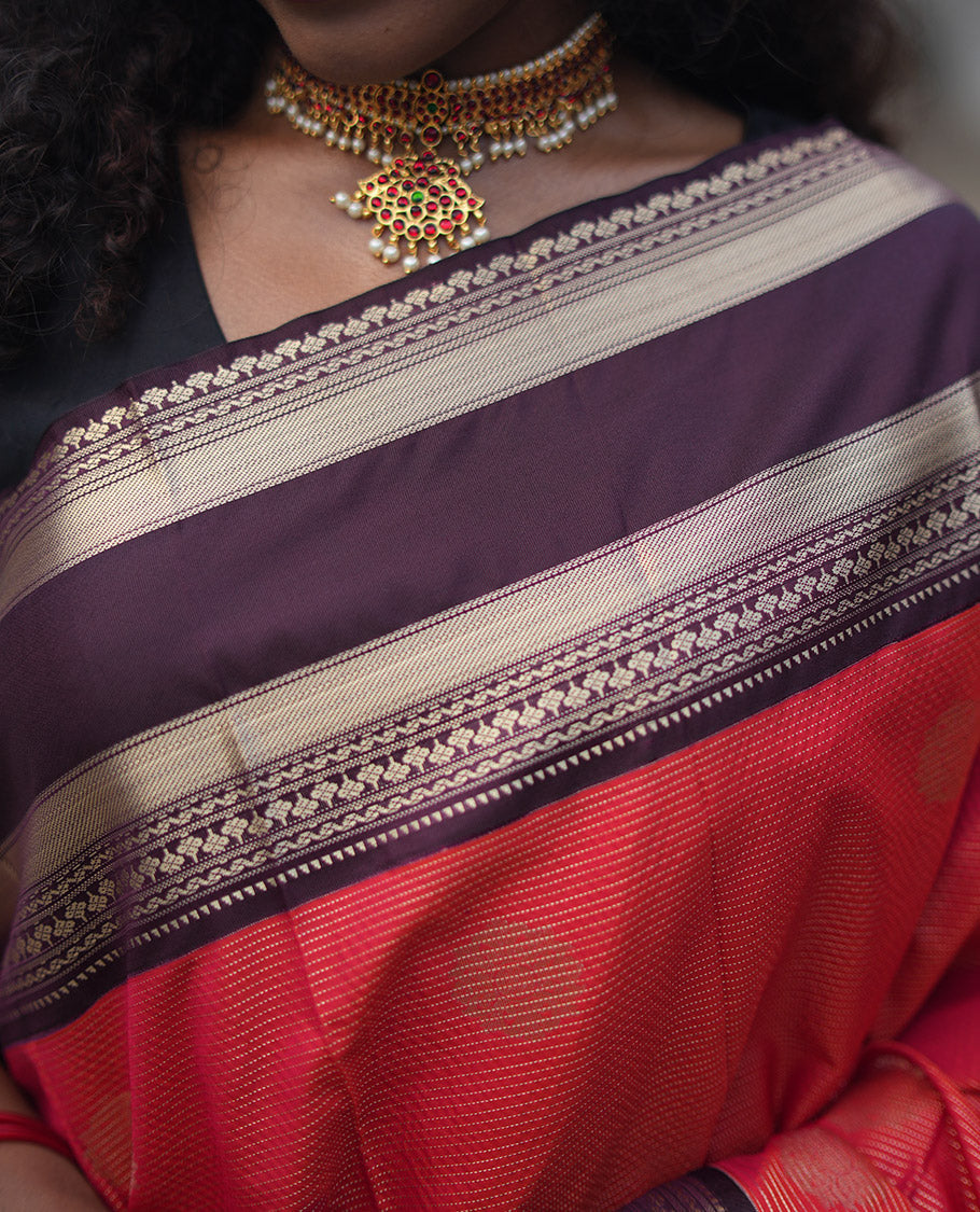 Reddish Orange and Coffee Brown Budget Silk Saree, Ornamented With Zari Buttas and Vaira Oosai Stripes All Over Its Body, Complemented by Contrast Traditional Zari Rettai Pettu Border, Grand Pallu, and Paired with a Contrast Blouse