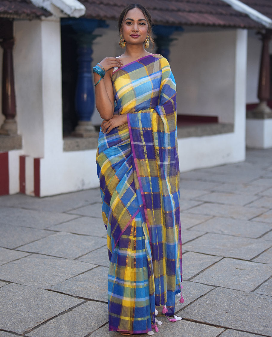 Borderless Blue Khadi Mul Cotton Saree, Showcasing Checked Block and Zari Checks, a Self-Pallu, and No Blouse