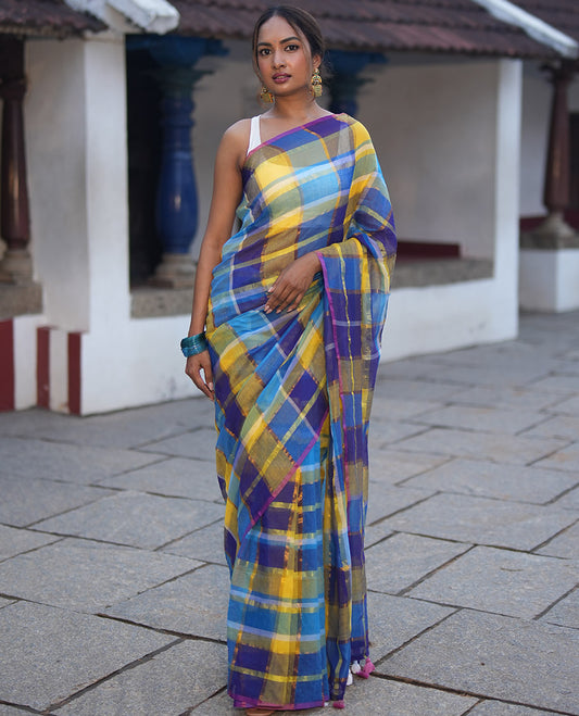 Borderless Blue Khadi Mul Cotton Saree, Showcasing Checked Block and Zari Checks on Its Body, a Self-Pallu with Tassels, and Has No Blouse