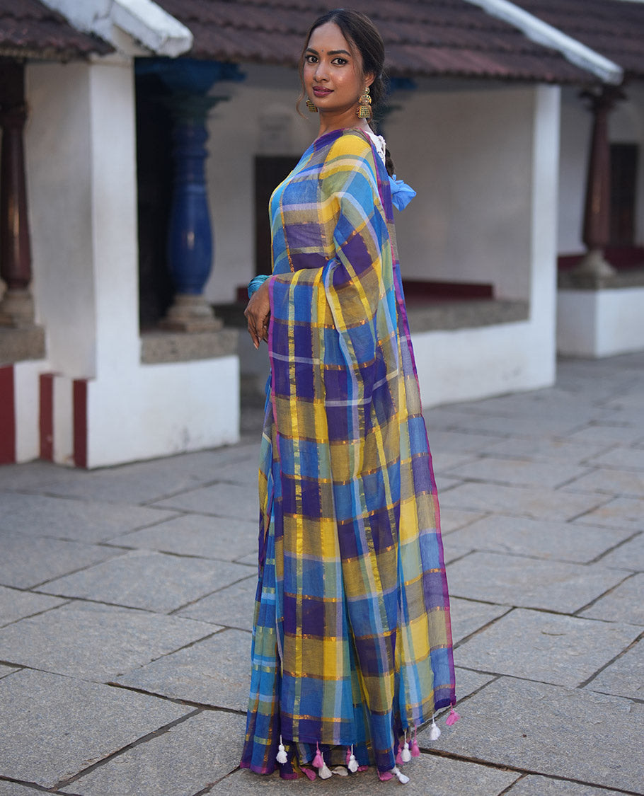 Borderless Blue Khadi Mul Cotton Saree, Showcasing Checked Block and Zari Checks, a Self-Pallu, and No Blouse