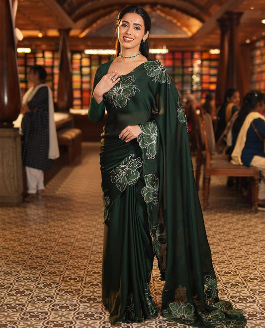 Olive Green Satin Organza Saree, Steeped in the Prettiness of Floral Embroidery, Floral Embroidered Scallop Border, and a Matching Blouse