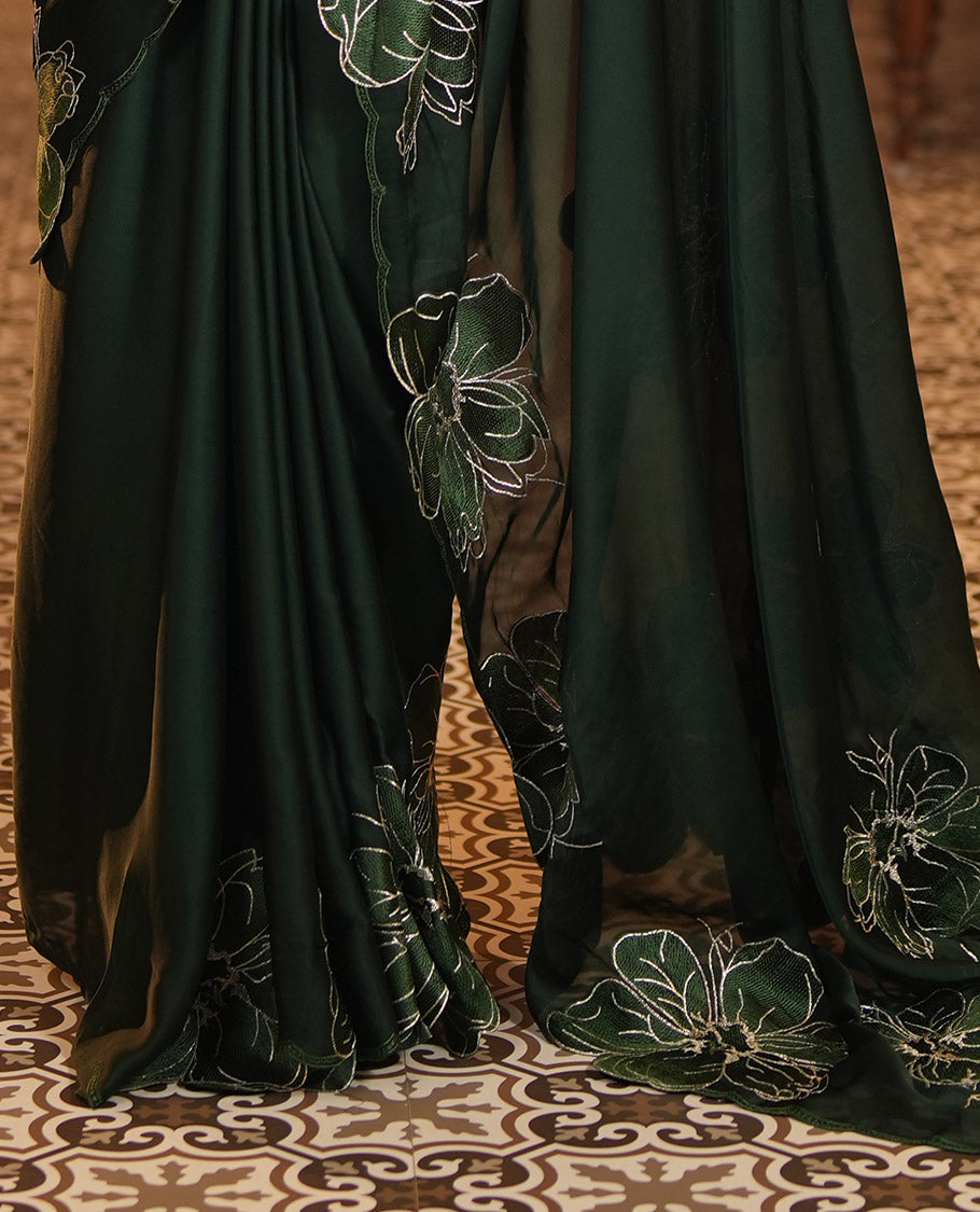 Olive Green Satin Organza Saree, Steeped in the Prettiness of Floral Embroidery, Floral Embroidered Scallop Border, and a Matching Blouse