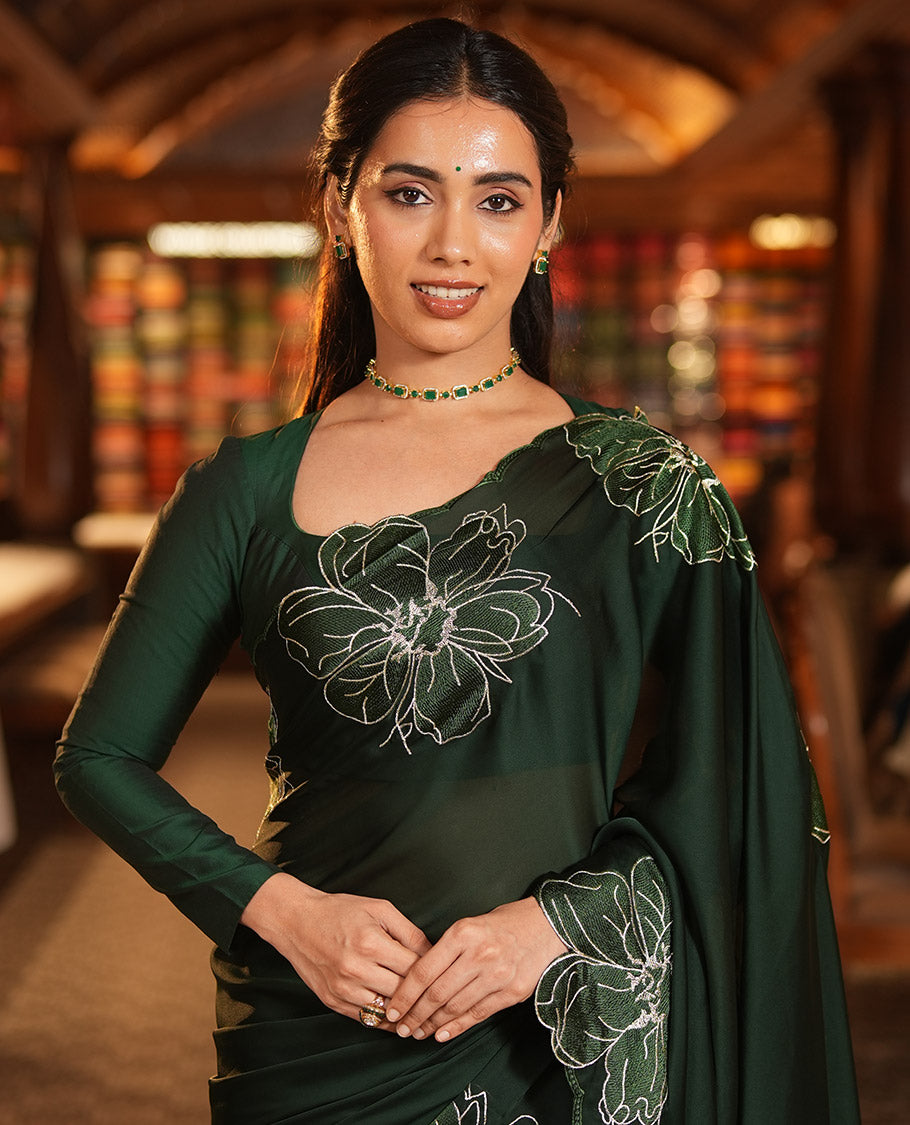 Olive Green Satin Organza Saree, Steeped in the Prettiness of Floral Embroidery, Floral Embroidered Scallop Border, and a Matching Blouse