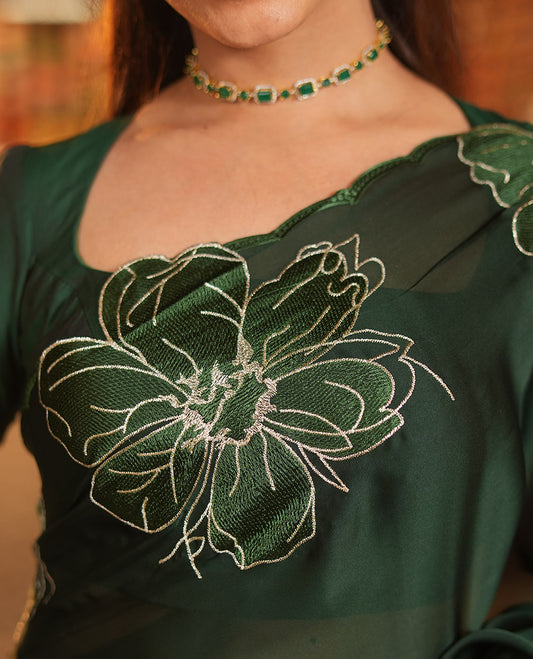 Olive Green Satin Organza Saree, Steeped in the Prettiness of Floral Embroidery, Floral Embroidered Scallop Border, and a Matching Blouse
