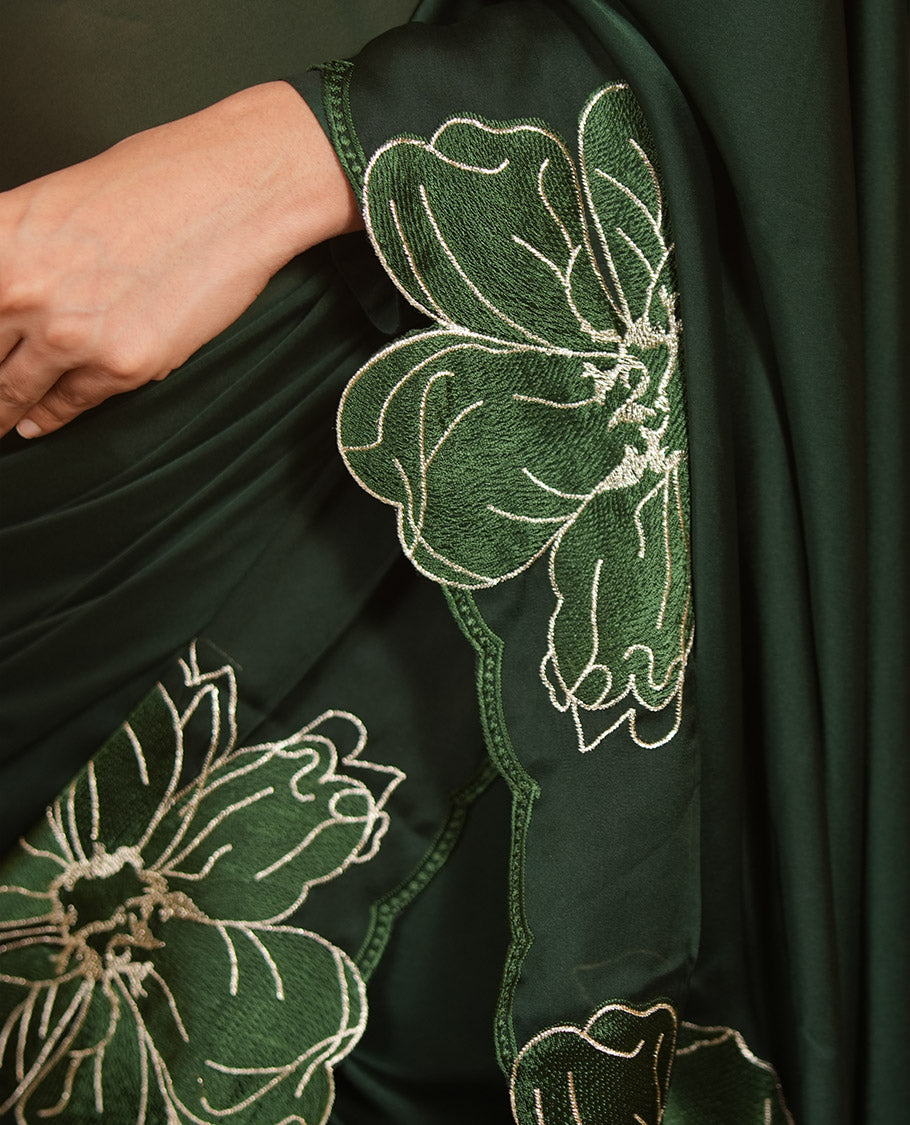 Olive Green Satin Organza Saree, Steeped in the Prettiness of Floral Embroidery, Floral Embroidered Scallop Border, and a Matching Blouse