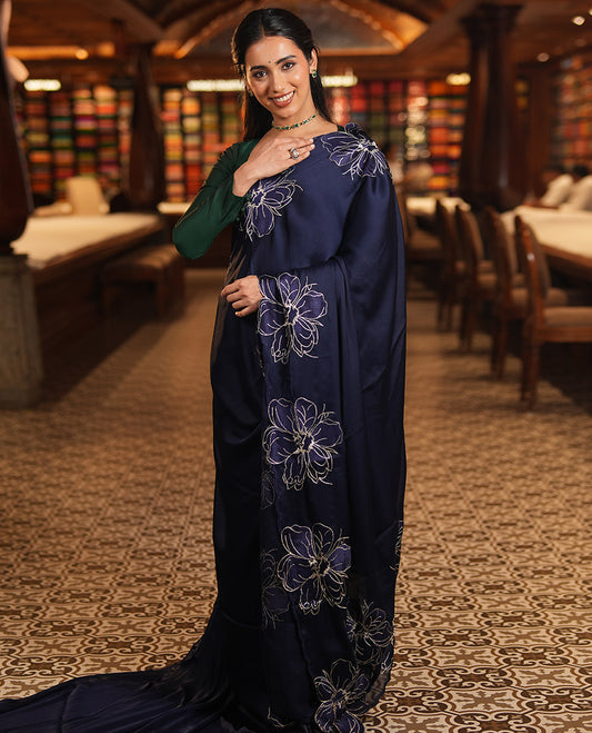 Navy Satin Organza Saree, Steeped in the Prettiness of Floral Embroidery, Floral Embroidered Scallop Border, and a Matching Blouse