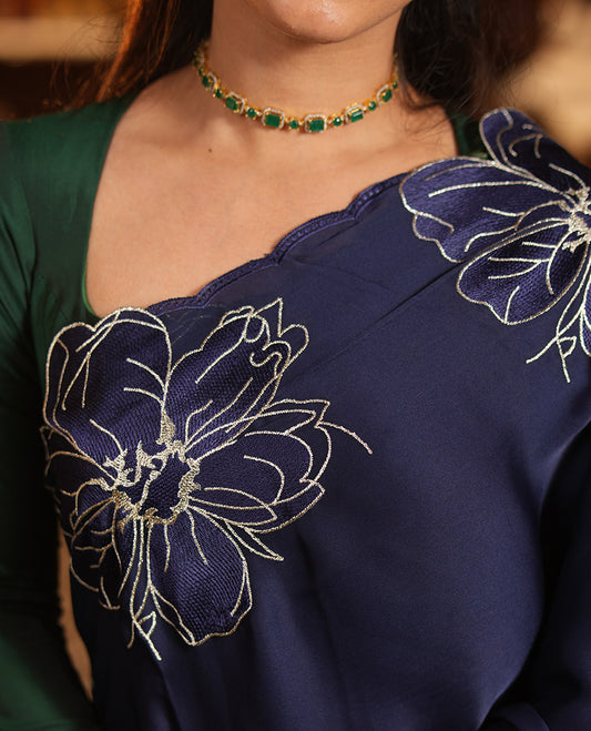 Navy Satin Organza Saree, Steeped in the Prettiness of Floral Embroidery, Floral Embroidered Scallop Border, and a Matching Blouse
