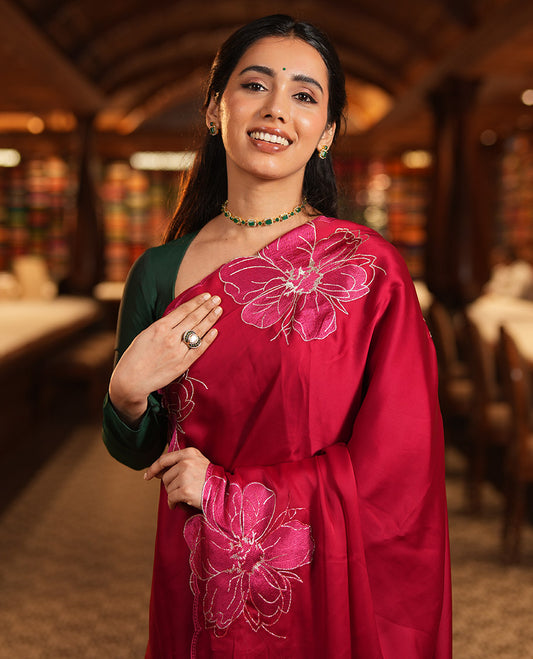 Red Satin Organza Saree, Steeped in the Prettiness of Floral Embroidery, Floral Embroidered Scallop Border, and a Matching Blouse
