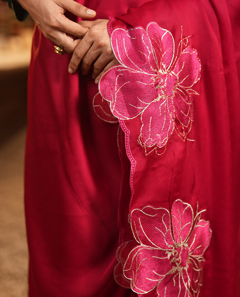 Red Satin Organza Saree, Steeped in the Prettiness of Floral Embroidery, Floral Embroidered Scallop Border, and a Matching Blouse