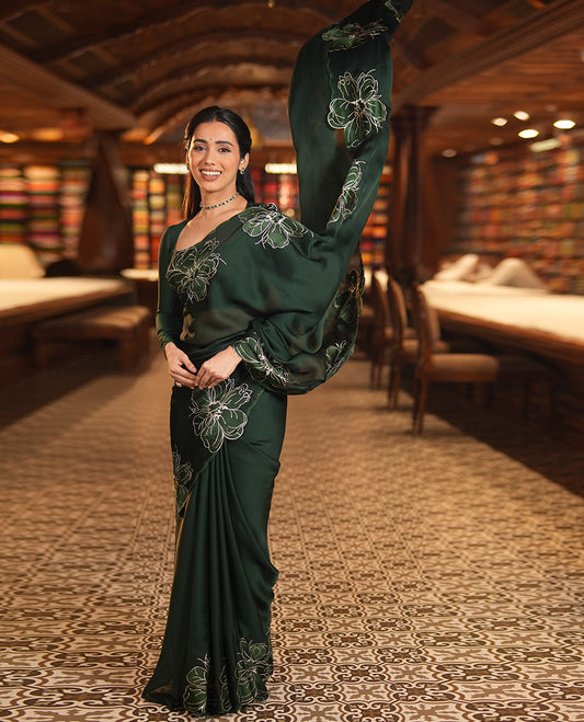 Olive Green Satin Organza Saree, Steeped in the Prettiness of Floral Embroidery, Floral Embroidered Scallop Border, and a Matching Blouse