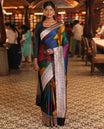 Green-Multi-Color Mushru Silk Saree with Pochampally Weave, Contrast Ogee Border, Grand Ogee Pallu, and Contrast Blouse