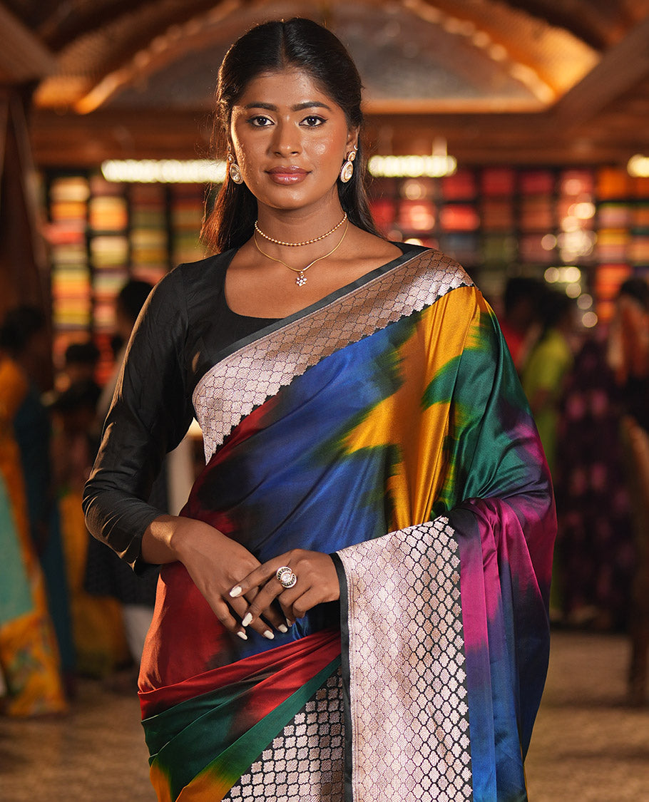 Green-Multi-Color Mushru Silk Saree with Pochampally Weave, Contrast Ogee Border, Grand Ogee Pallu, and Contrast Blouse