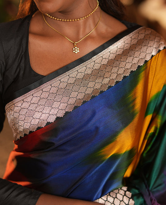 Green-Multi-Color Mushru Silk Saree with Pochampally Weave, Contrast Ogee Border, Grand Ogee Pallu, and Contrast Blouse